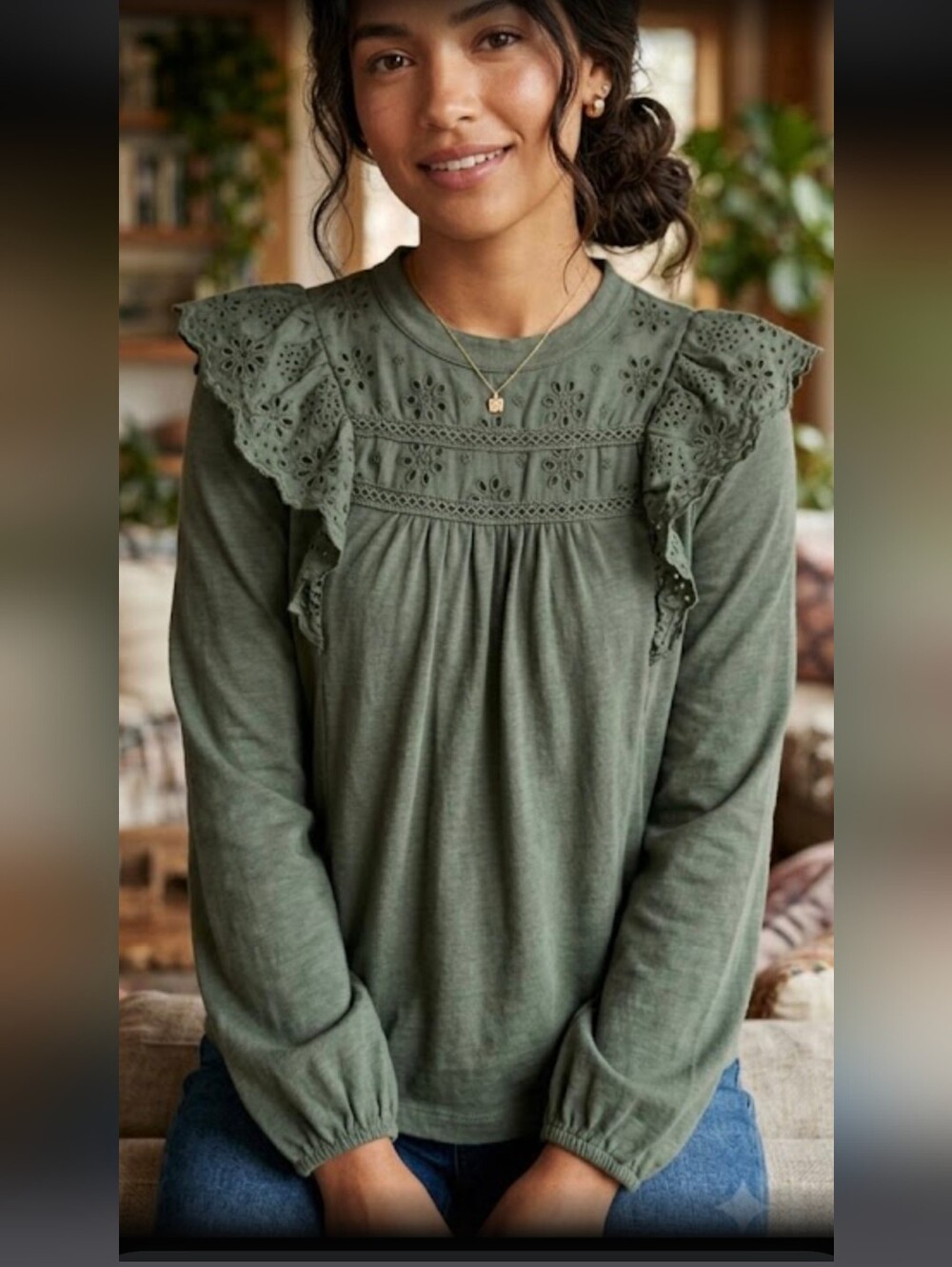 J. Crew Olive Green Eyelet Ruffle Long-Sleeve Top.             (SKU 005)